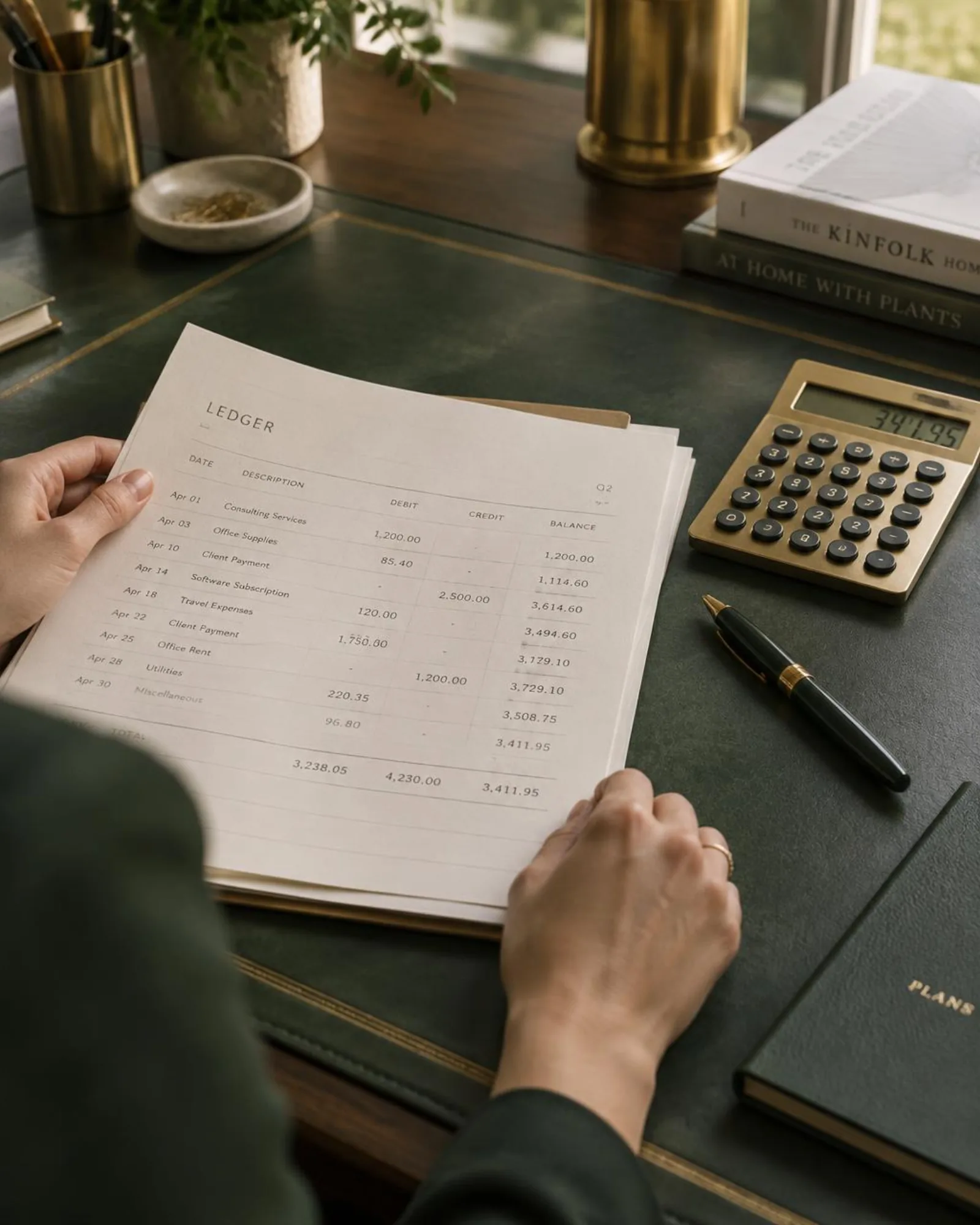 A bookkeeper reviewing a printed ledger beside a brass calculator