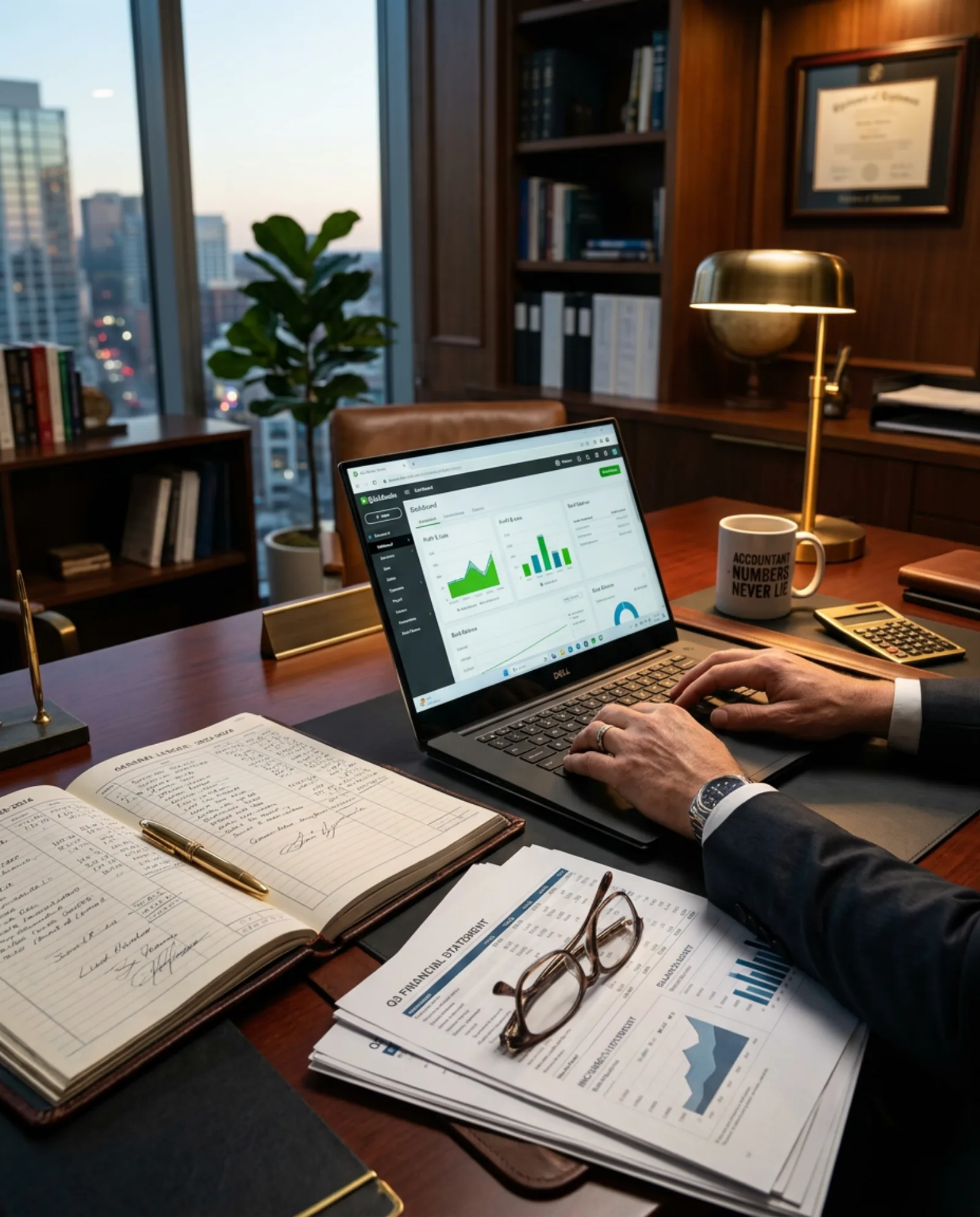 Desk with bookkeeping records and a calculator