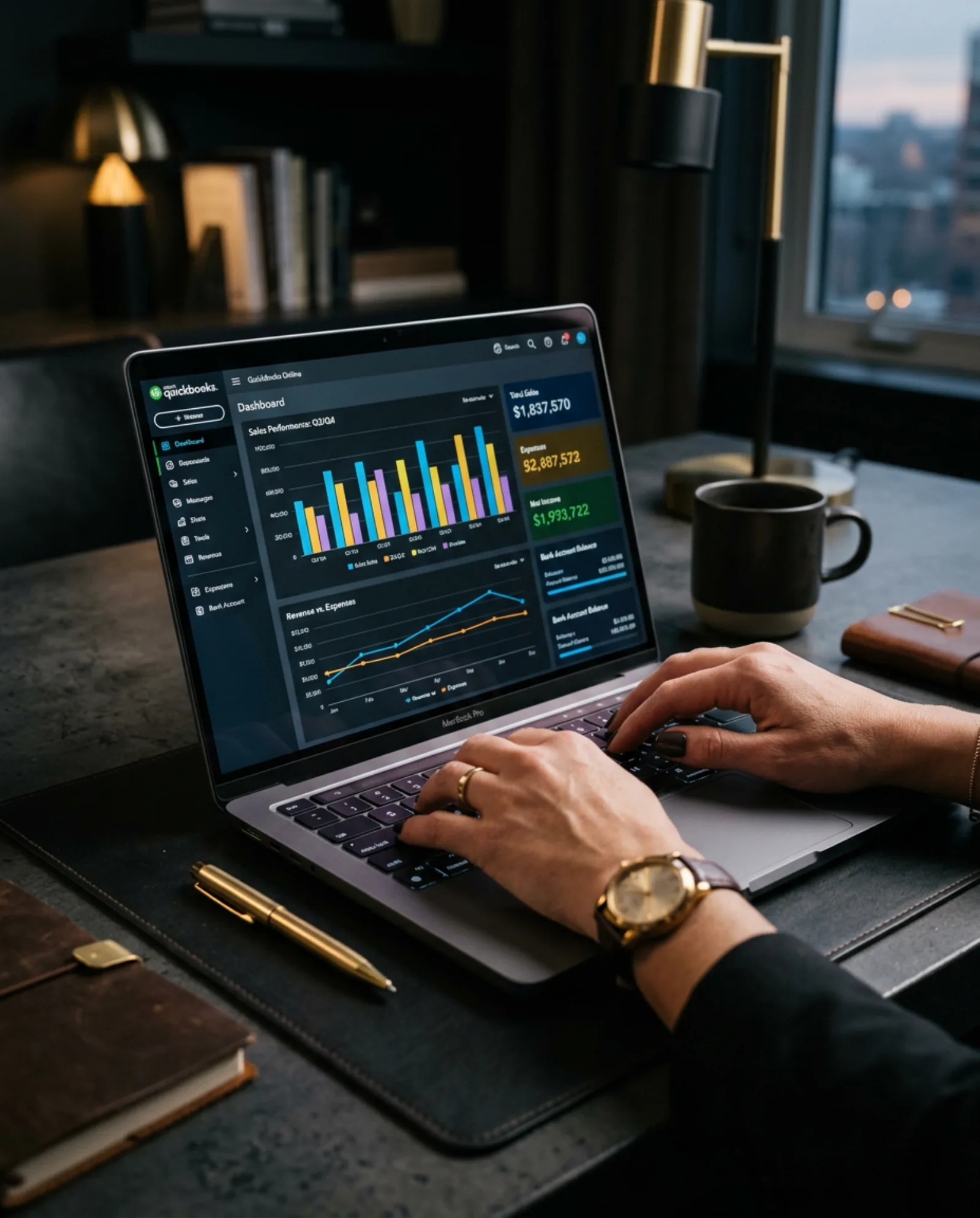 Payroll and accounting work on a laptop